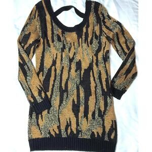 Lovemarks‎ metallic knit tunic sweater. Brown, Black Gold Sz Medium. 80's style.